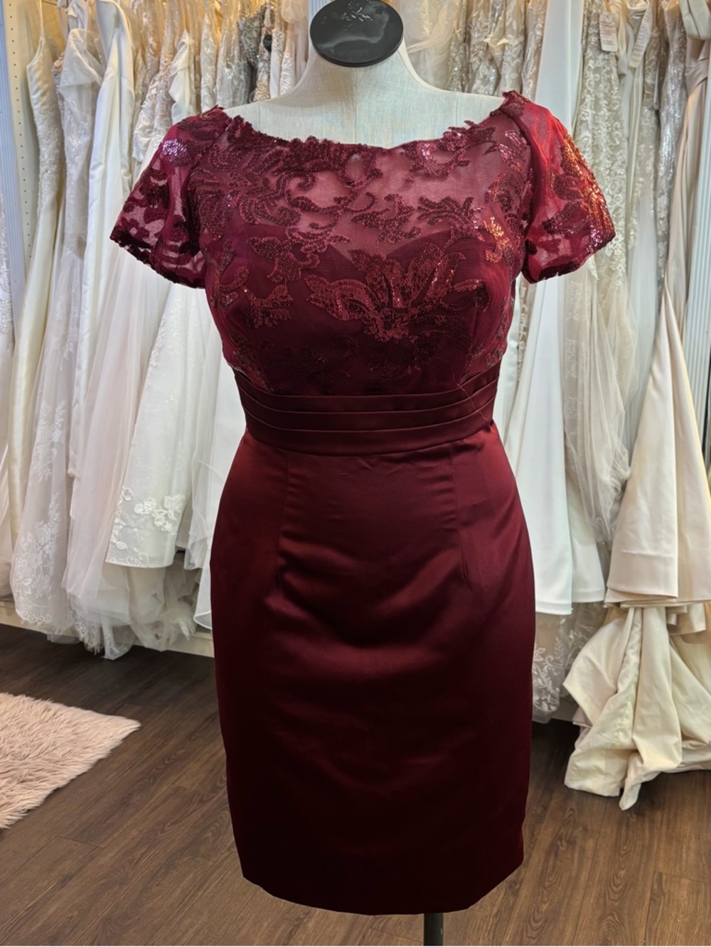 Elegant Burgundy Lace-Overlay Sheath Dress